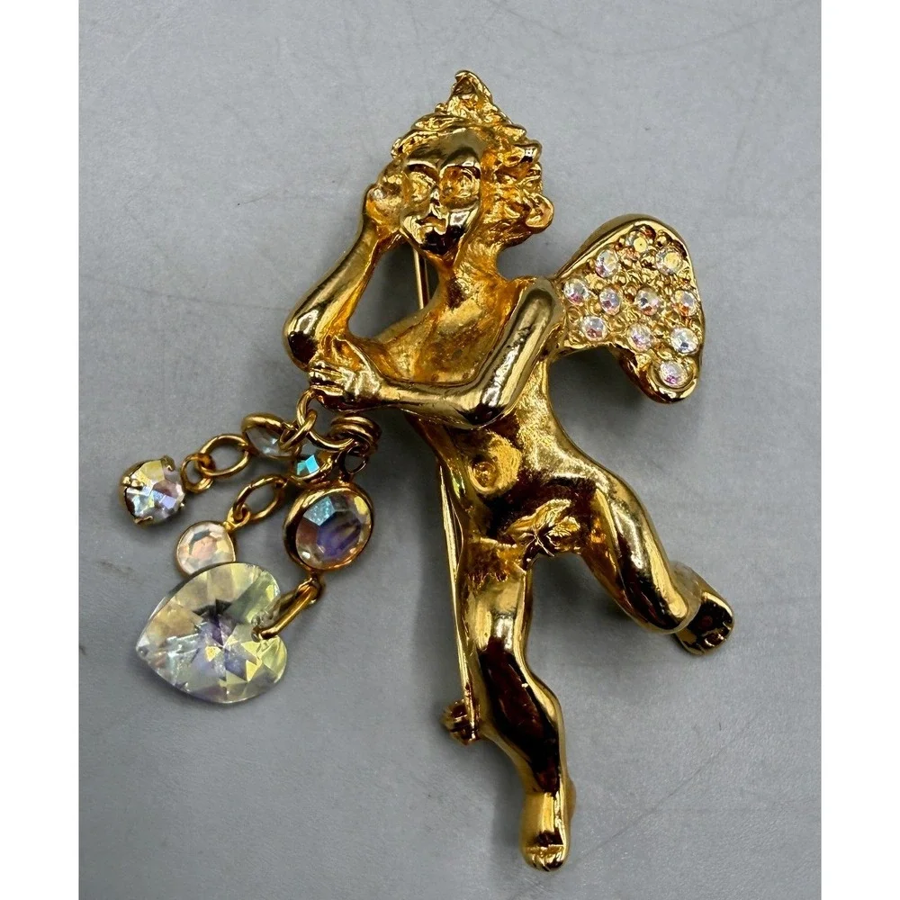 Kirks Folly Gold Tone Cherub Angel Brooch AB Rhinestone Heart Dangle Pin Vintage